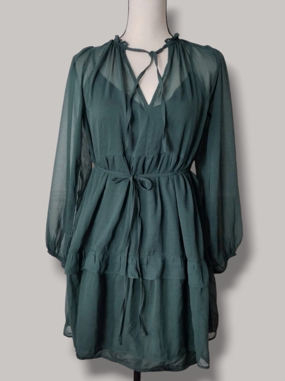 NEW ABERCROMBIE & FITCH Forest Green Chiffon Long Sleeve Short Dress